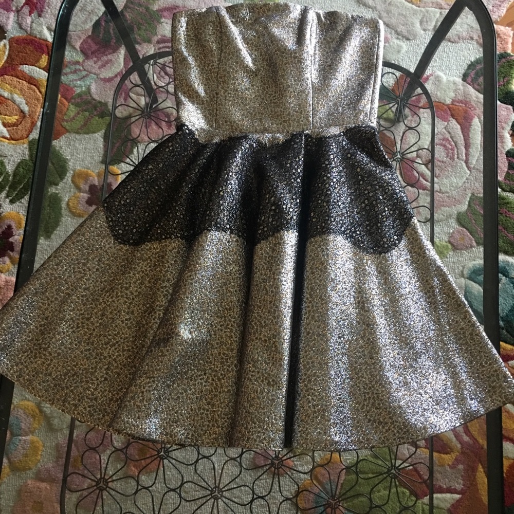 Anthropologie Gold shimmer dress with black lace